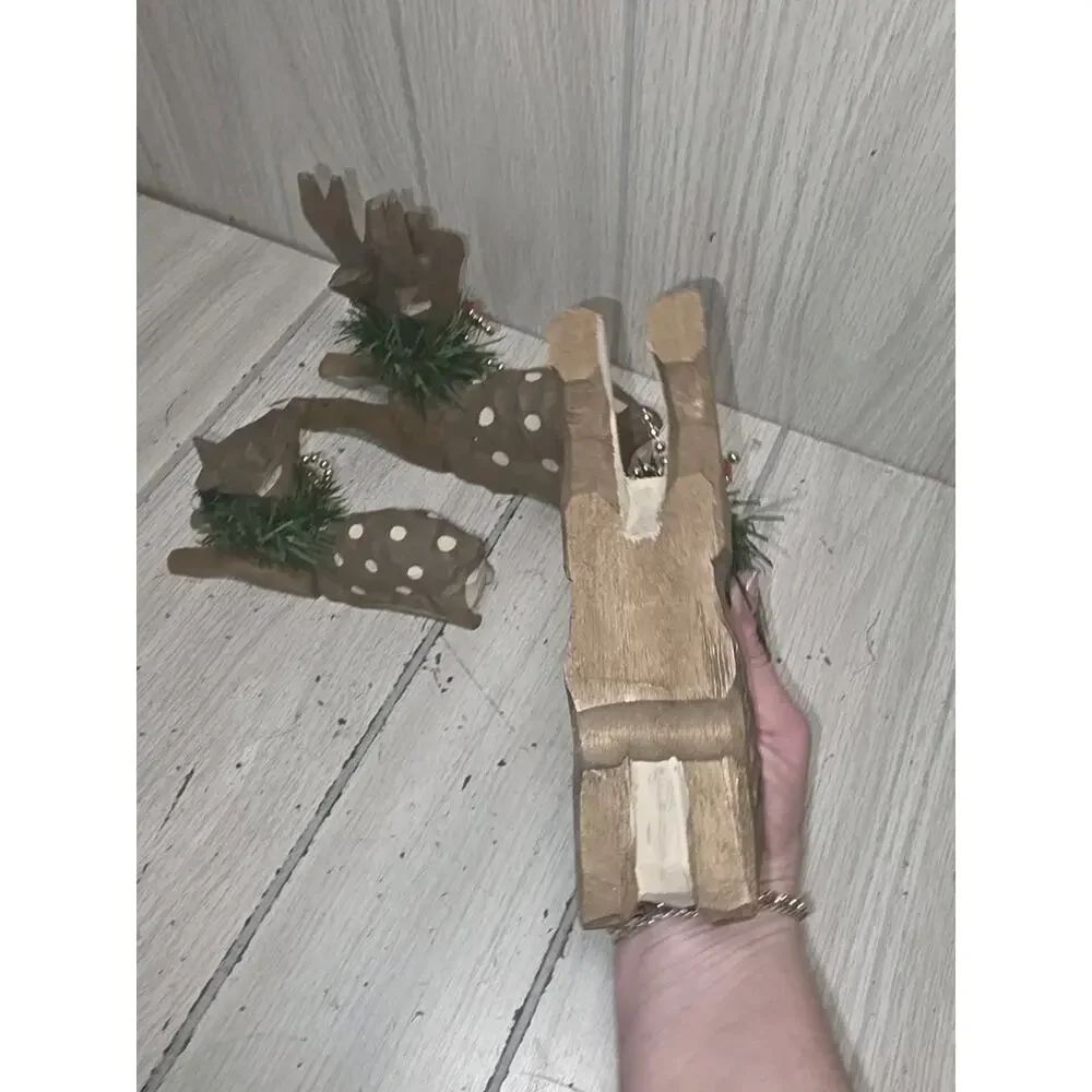 Wood Deer Family Buck Doe Fawn Wood Figures Christmas Decor Hand Carved Folk Art